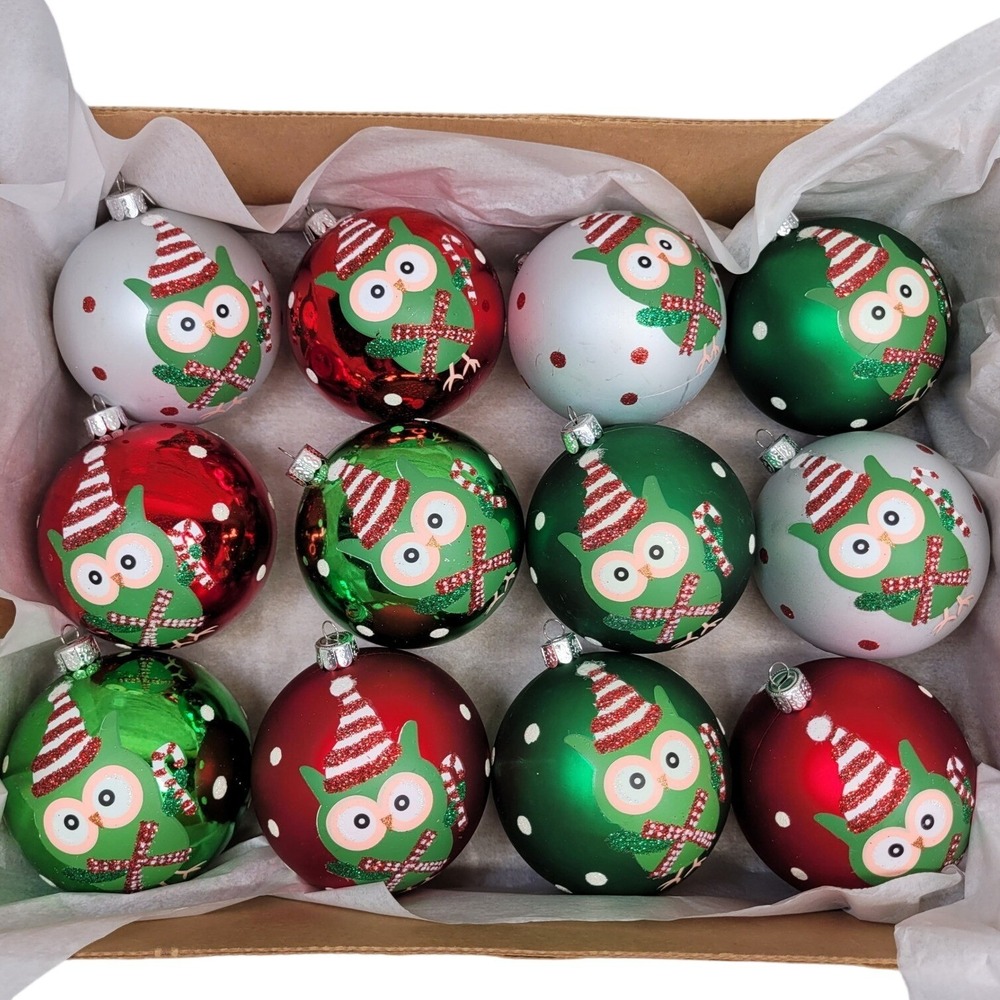 12 Owl Christmas Ornaments Red Green Silver Holiday Decor Glitter Bird‎ Nature